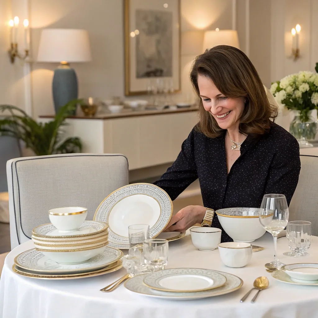 Jane Smith enjoying her new dinnerware set