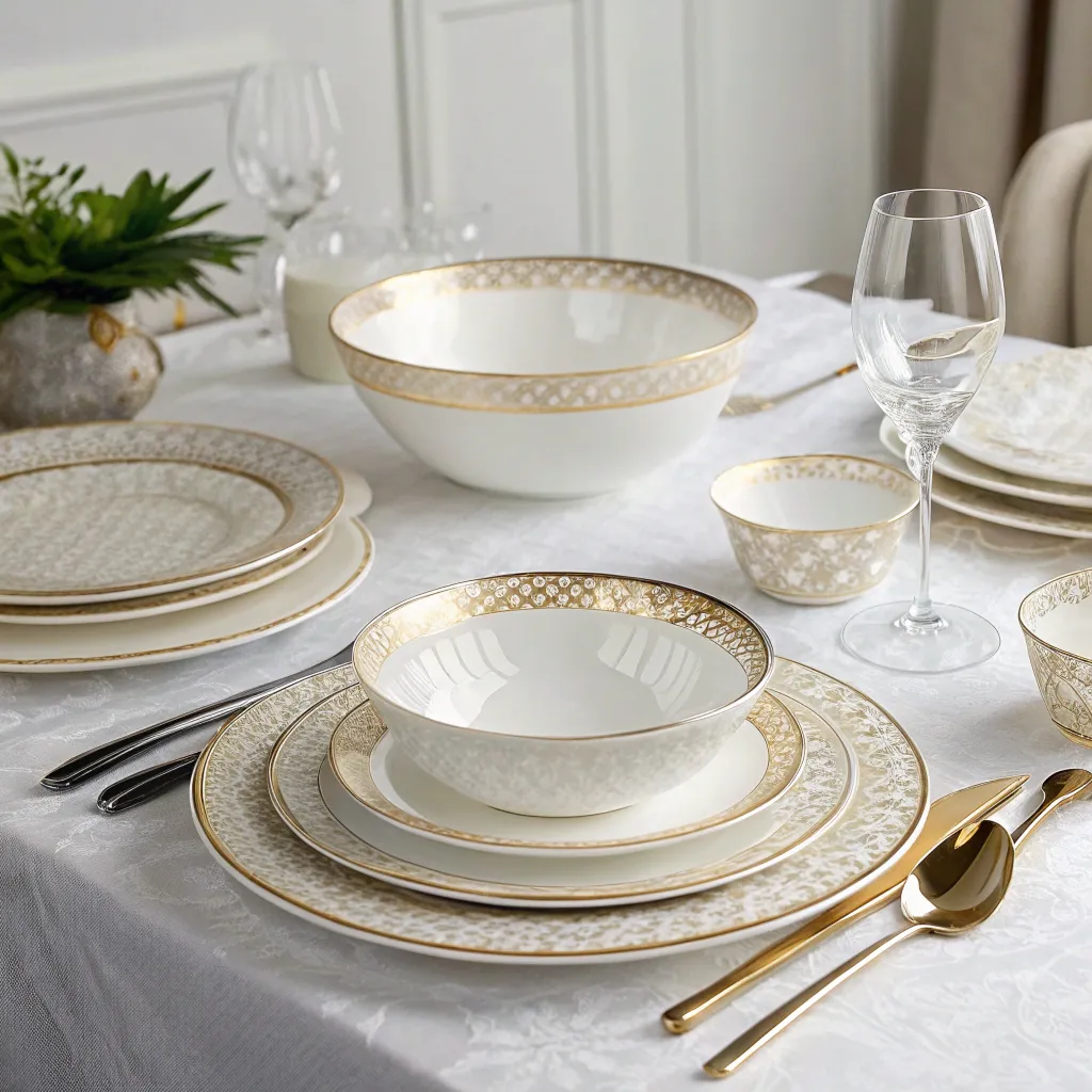 Set of elegant dinnerware arranged on a dining table